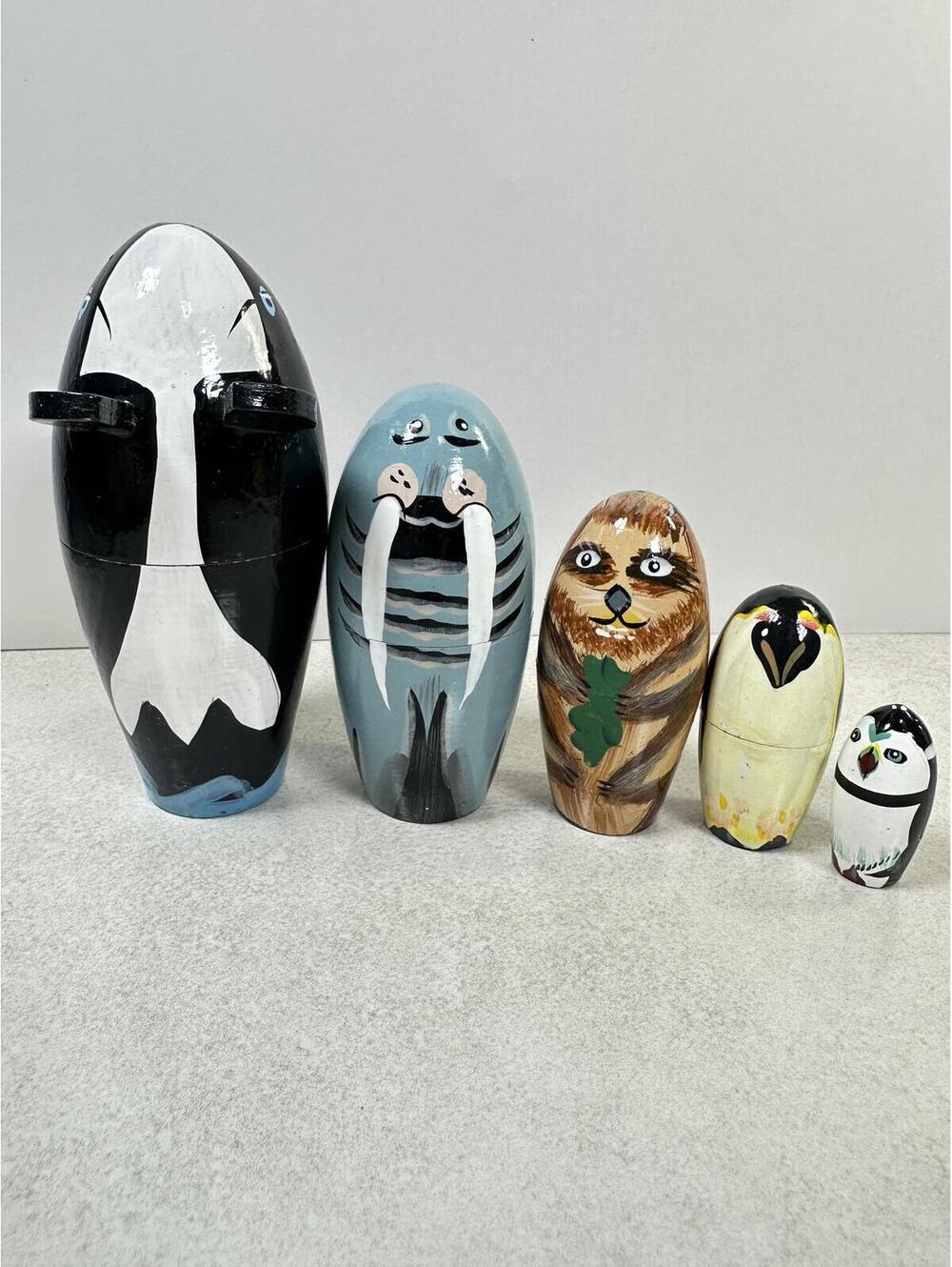 Arctic Animal Nesting Dolls Orca Walrus Sloth Penguin 5 Pc 6”